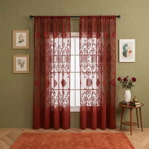 Nordic dark red translucent lace curtains with vintage embroidery and rod pocket top