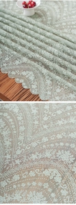 Detail of mint green lace tablecloth with floral hollow embroidery and scalloped edges
