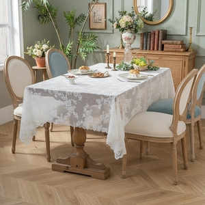 Retro Lace Tablecloth Rectangular Floral Embroidery Scalloped Edge Polyester Decorative Table Cover Home Dining Party