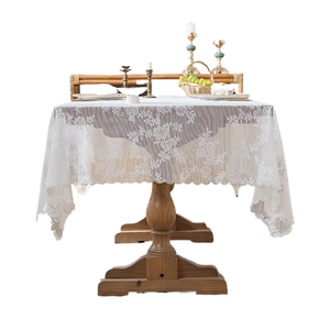 French style rectangular white lace tablecloth with floral hollow patterns and scalloped edges