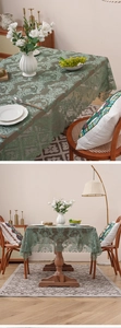Detailed sage green lace tablecloth featuring vintage damask patterns and scalloped edges