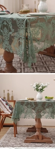 Detail of dark green lace tablecloth with Baroque floral patterns on a round table
