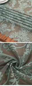 Detailed macro view of French vintage sage green lace fabric with floral embroidery