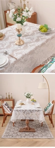 Close-up of elegant white lace tablecloth with vintage damask floral embroidery pattern