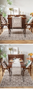 Detailed view of hollow lace table runner with tassels and geometric patterned rug