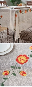 Detail of tulip embroidery on mesh lace tablecloth with intricate floral patterns