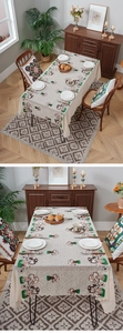Detail of a beige rectangular tablecloth with cute mushroom patterns and lace borders