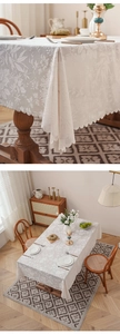 Detailed macro view of white lace tablecloth with floral patterns and scalloped edges