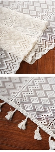 Macro detail of cream knit table runner featuring hollow lace patterns and woven tassels