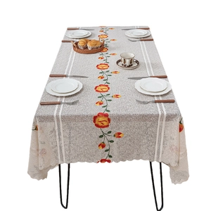 Elegant rectangular cream lace tablecloth with floral embroidery and scalloped edges
