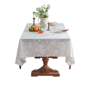 White rectangle lace tablecloth with floral jacquard texture and scalloped wavy edges