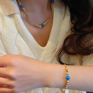Blue Turquoise Beaded Necklace And Bracelet Jewelry Set Alloy Gold Color Round Beads Retro Elegant Accessories For Women