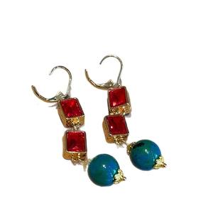 Vintage long drop earrings with red square glass stones and blue marbled beads