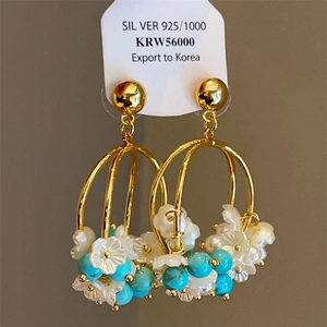 Detail of 925 silver ethnic tassel earrings with gold rings and turquoise beads
