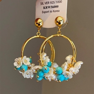 Detail of 925 silver ethnic hoop earrings featuring white shell flowers and turquoise beads