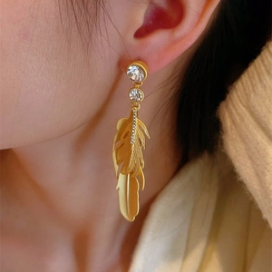 Bohemian 925 silver needle gold feather earrings with sparkling crystal accents for women