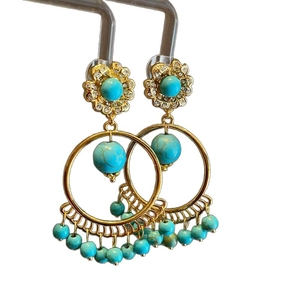 Bohemian hollow round earrings with turquoise tassels and gold 925 silver needle studs