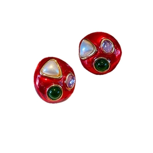 Retro mushroom-shaped red enamel stud earrings with colorful gemstones and 925 silver needles