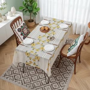 Pastoral cream rectangle tablecloth with yellow floral embroidery and lace edges