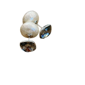 French style double-sided pearl and grey crystal stud earrings with silver finish