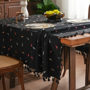 Black cotton tablecloth with colorful candy embroidery and elegant tassel edge decor