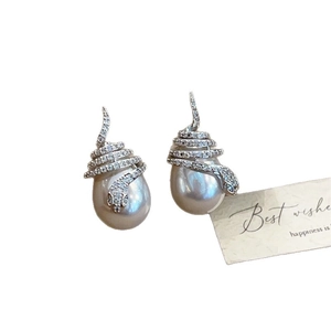 Elegant snake wrapped pearl earrings with zircon inlay and silver plated studs