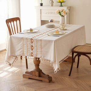 Waterproof cream linen tablecloth with brown diamond embroidery and elegant tassels