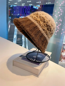 Detail of warm Fair Isle knit hat featuring fuzzy textured stripes in earthy tones