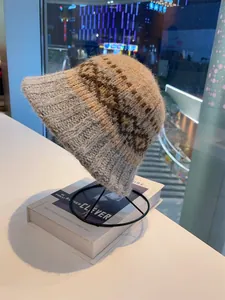 Detailed texture of Fair Isle knit wool beanie with thick mixed-color yarn for winter