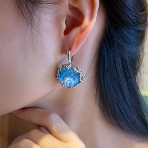 French vintage blue rose earrings with crystal halo and silver hooks for women