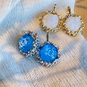 Vintage French Style Blue White Rose Flower Stud Earrings With Zircon Accents And 925 Sterling Silver Earring Post For Women