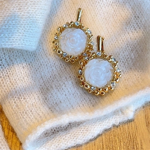 French vintage camellia stud earrings with gold plating and cubic zirconia halo