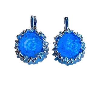 French vintage blue rose stud earrings with shimmering crystal halo and silver setting