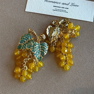 French vintage grape drop earrings with blue rhinestones and yellow crystal beads