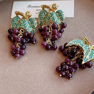 Grape Cluster Earrings Brooch With 925 Sterling Silver Earring Post And Rhinestone Leaf Retro Fruit Jewelry For Women