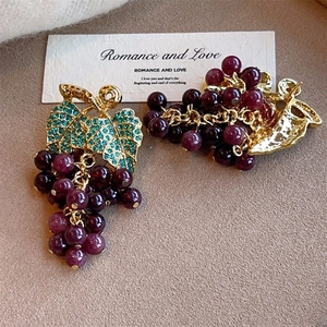 French vintage style grape drop earrings with purple beads and green rhinestones