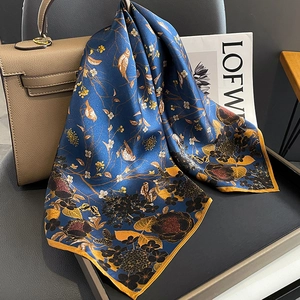 Women Mulberry Satin Square Scarf Navy Blue Vintage Floral Bird Print Elegant Fashionable Head Neck Wrap Scarf Accessories