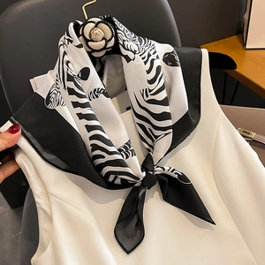 Fashionable black and white zebra print silk neck scarf for women with elegant black border