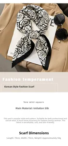 Detail of 70x70cm faux silk square scarf featuring black and white rose floral print