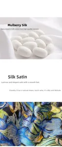 Detailed view of high-quality mulberry silk crepe satin fabric with iris flower art print