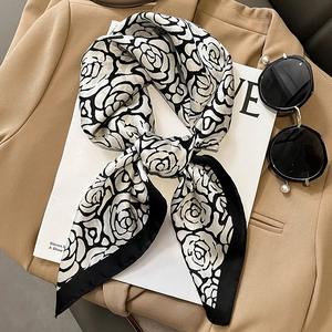 Elegant Satin Square Scarf French Retro Rose Floral Print Silk Feeling Neck Scarf Hair Band For Women Fashion Accessories