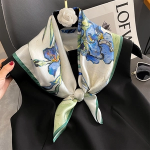 Van Gogh Irises print silk scarf for women featuring a floral brooch and blue floral art