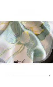 Macro detail of high-quality silk scarf with precise overlocking and lotus print pattern