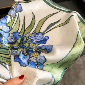 Van Gogh Iris print silk square scarf in cream with blue floral patterns and green edges