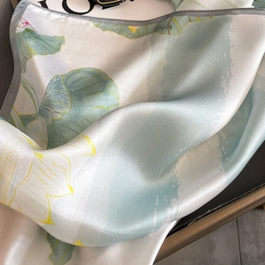 Elegant mulberry silk scarf with watercolor lotus print and smooth satin texture finish