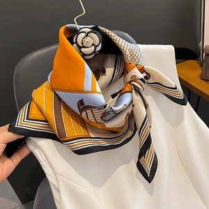 Vintage twill silk square scarf featuring elegant equestrian carriage patterns and geometric stripes