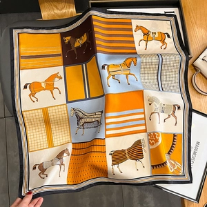 Vintage twill silk square scarf featuring orange horse motifs and geometric patterns