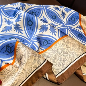Close-up of geometric tile pattern and silk texture on premium square scarf