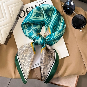 French retro teal and beige silk square scarf with palm leaf and geometric patterns