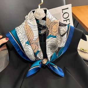 Fashion silk scarf with floral pattern and white camellia flower accessory for women